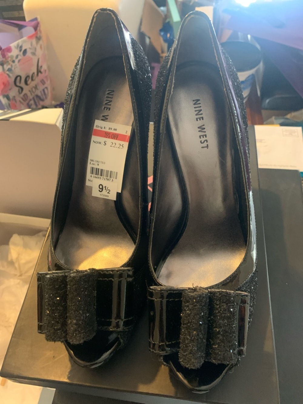 Nine West Black Patent Peep-Toe Heels with Bow Accent